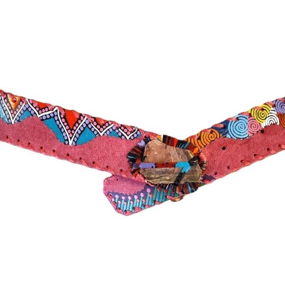 VTG 80s Colorful Hand Painted Southwestern Leather Tooled Belt 36\